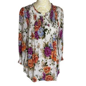 Rachel Roy Smocked Blouse Shirt Top Peasant Boho Floral S